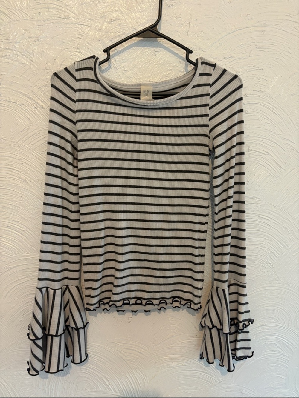 We The Free Navy Blue and White Striped Ruffle Sleeve Long-Sleeve Top